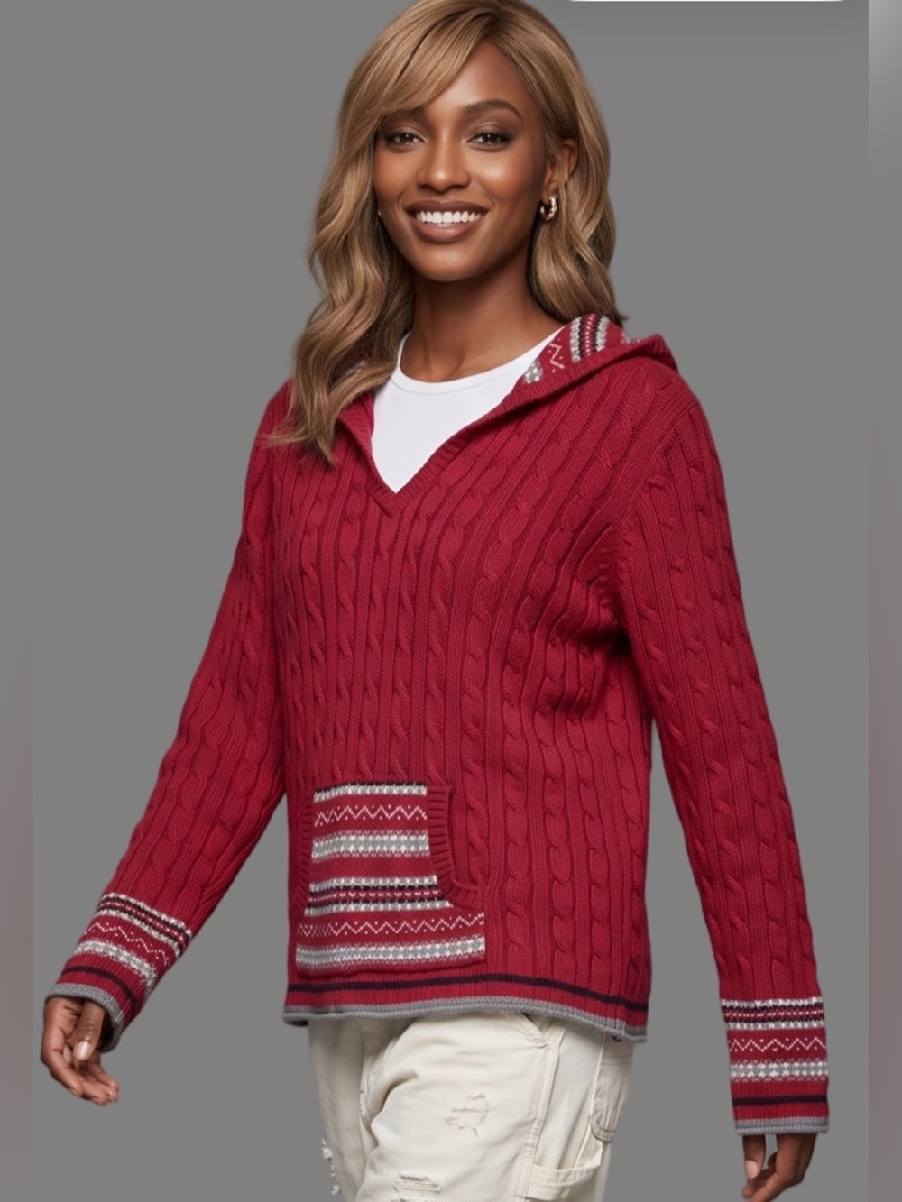 ALLEGRA Red White Vneck Longsleeve Cropped Hoodie Sweater and Fair Isle accents